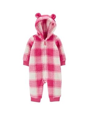 Carter's Pink and White Checkered Jumpsuit with Hood- 12 months